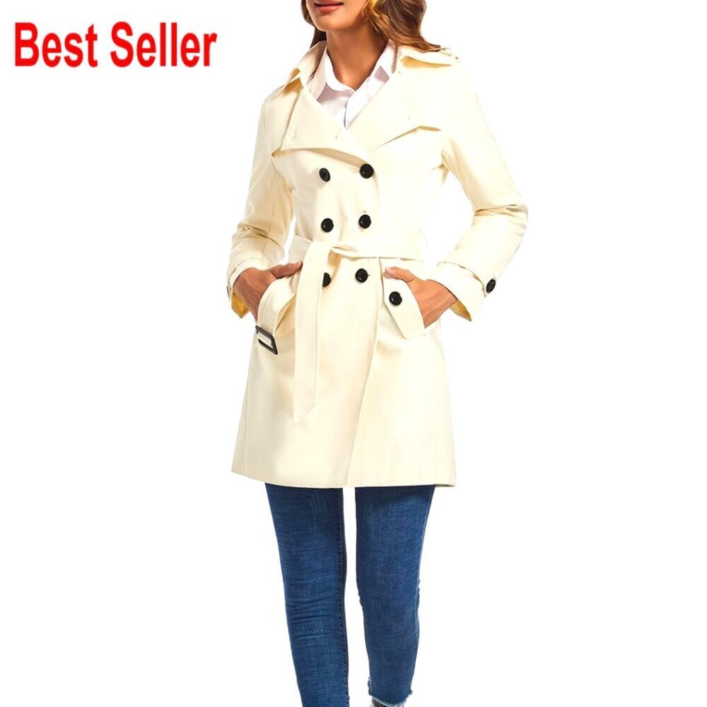 Double Breasted Trench Coat Water Resistant Windbreaker Classic Belted Lapel